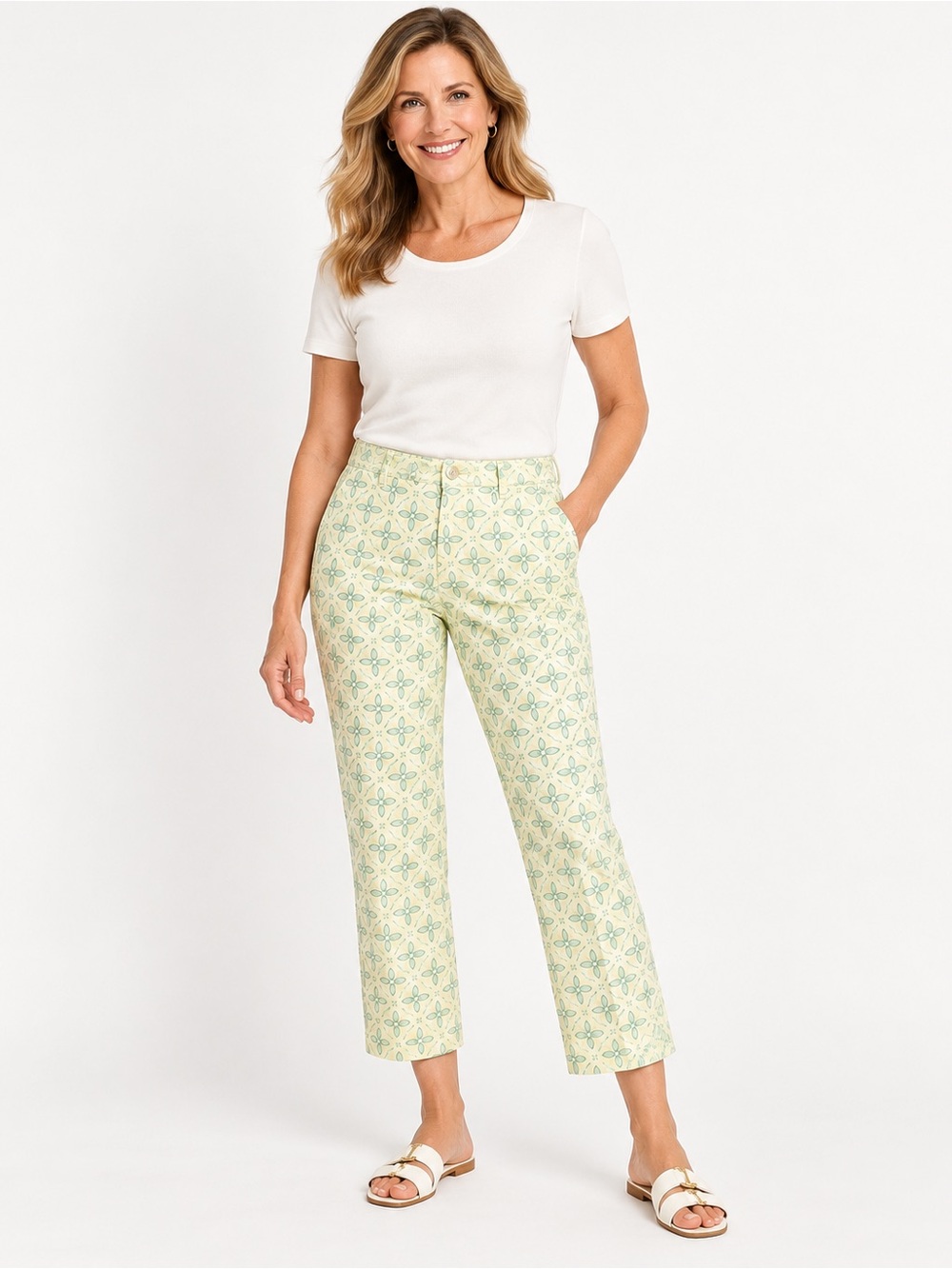 Talbots Pale Yellow Cropped Printed Straight Pants